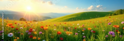 Sun-drenched meadow atop rolling hill  vibrant wildflowers   countryside  beauty  meadow