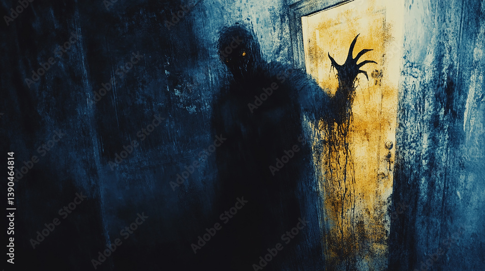Obraz premium A shadowy, ghostly figure with glowing eyes and clawed hands emerges from a brightly lit doorway.