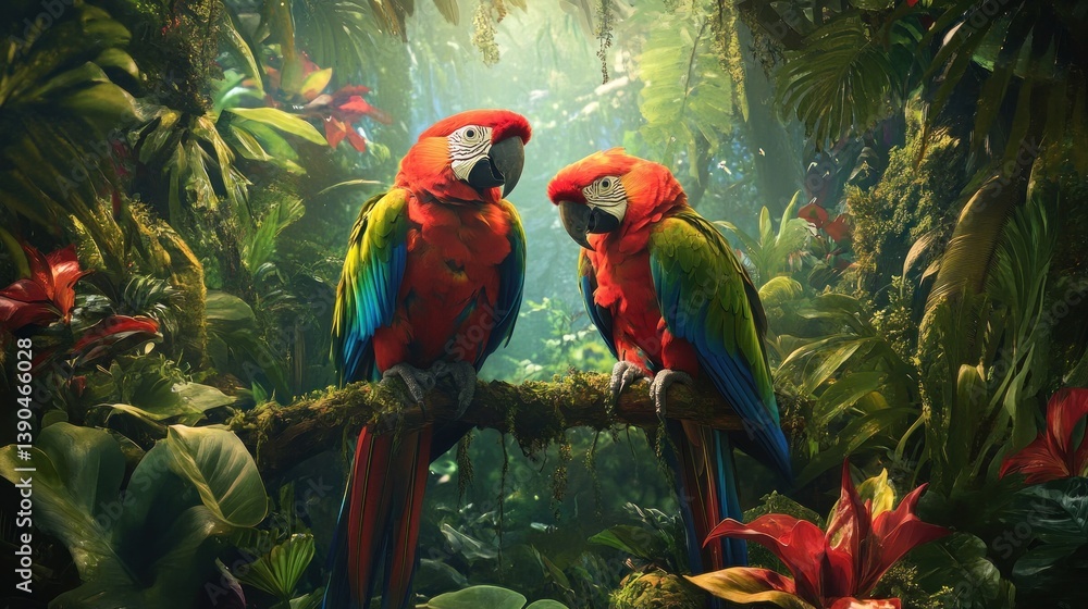 custom made wallpaper toronto digitalTwo vibrant parrots in lush rainforest