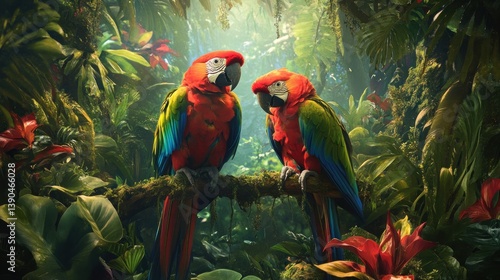 Wallpaper Mural Two vibrant parrots in lush rainforest Torontodigital.ca