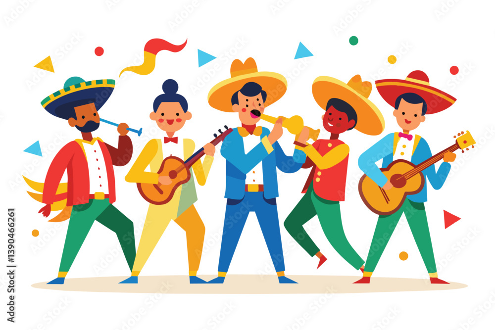 Fototapeta premium A group of five mariachi musicians in traditional attire perform joyfully, showcasing vibrant instruments and engaging expressions during a celebration.