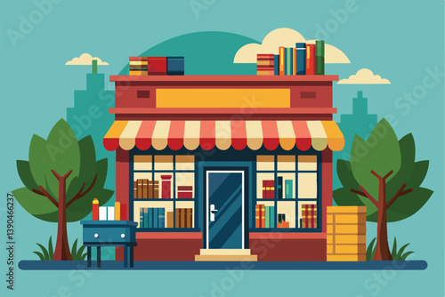 A cozy bookstore features a bright awning, shelves filled with books, and vibrant trees framing the entrance, creating an inviting atmosphere in a lively neighborhood.