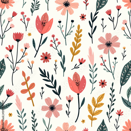Flowers color seamless Pattern in Scandinavian 