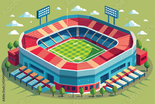 A vibrant sports stadium featuring a well-maintained green field, colorful seating, and towering lights, set against a bright blue sky with fluffy clouds.