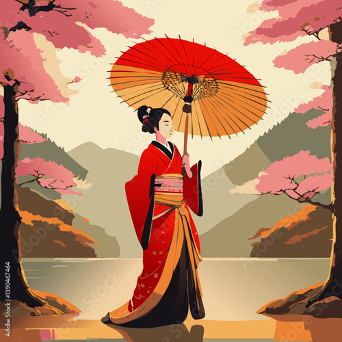 Elegant woman wearing traditional Japanese kimono and holding a paper umbrella, isolated on white background, perfect for culture, tradition, and travel themes

