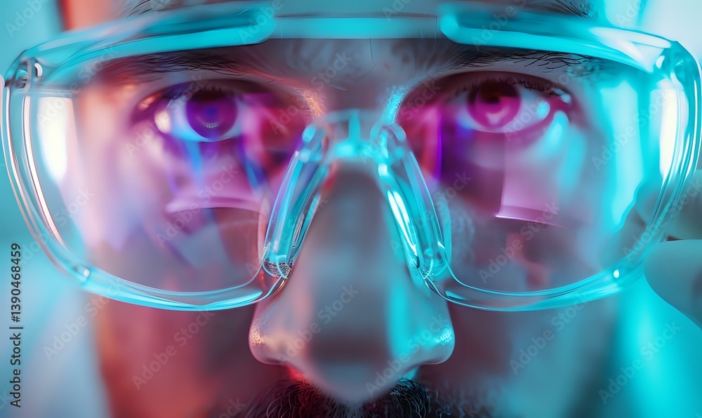 Close up view of protective eyewear with neon blue lighting effect showing intense eyes behind safety glasses against dark background, dramatic scientific atmosphere. Close up view of protective eyewear with neon blue lighting effect showing intense eyes behind safety glasses against dark background, dramatic scientific atmosphere.