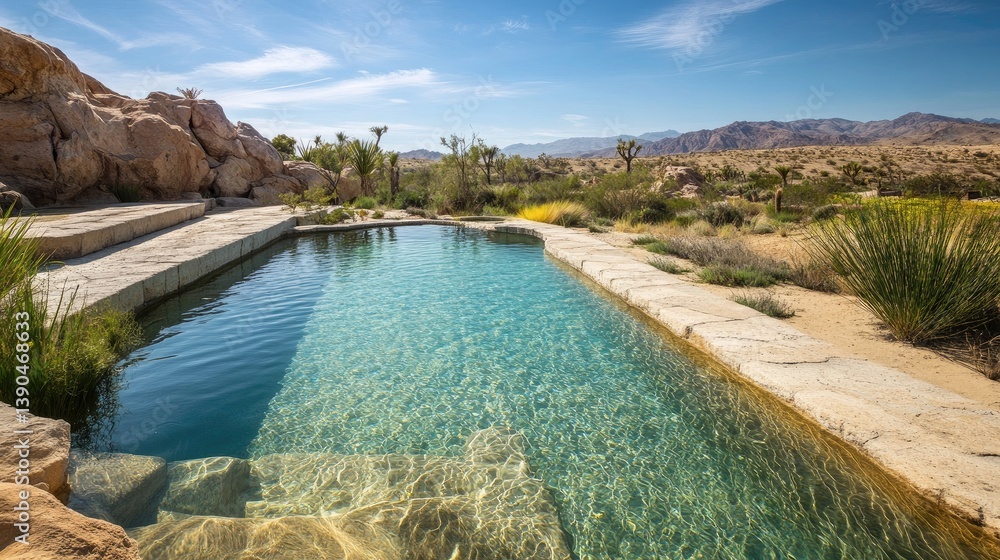 Fototapeta premium Serene Desert Oasis with Crystal Clear Pool Surrounded by Rocky Terrain and Desert Flora Under Bright Blue Sky