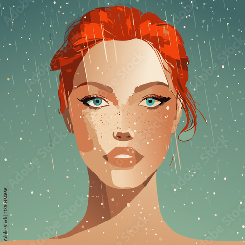 Stylish portrait of a woman with intense blue eyes, freckles, and bold red lips wearing a dark turtleneck, illustrated in a modern artistic style, perfect for fashion, beauty, and expressive art theme