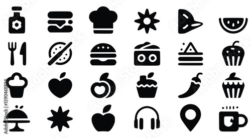 Food And Miscellaneous Black Vector Icon Collection With Cook Hat And Pizza