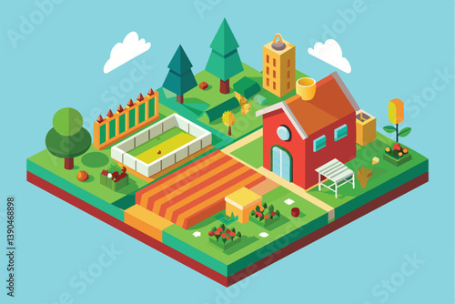 This vibrant isometric illustration showcases a charming school surrounded by a playground, garden, and lush trees under a bright blue sky with fluffy clouds.