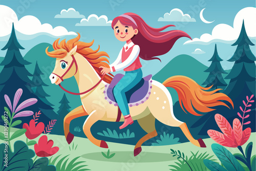 A girl with long hair joyfully rides a pony across colorful fields surrounded by lush trees and mountains, enjoying her adventurous day outdoors.
