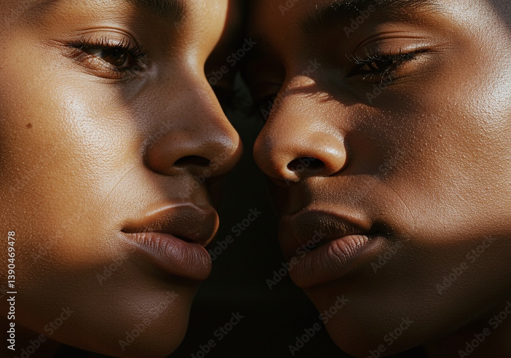 Obraz premium Close-up of two people in a moment of connection, showcasing their elegant profiles and the play of light and shadow