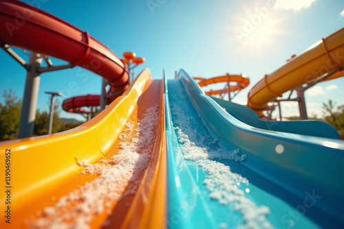 Water park with water colored flights, slides, splashes and pools at luxury hotel. summer vacation activity on holiday at outdoor waterpark or aquapark. AI