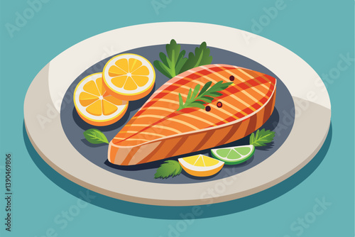 A flavorful grilled salmon fillet rests on a white plate, beautifully garnished with fresh lemon and lime slices along with green herbs, showcasing a colorful culinary presentation.