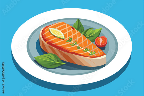 A beautifully presented grilled salmon filet with a slice of lemon, fresh herbs, and a cherry tomato, served on a round plate against a vibrant blue background.