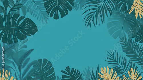 Teal tropical leaves frame background.