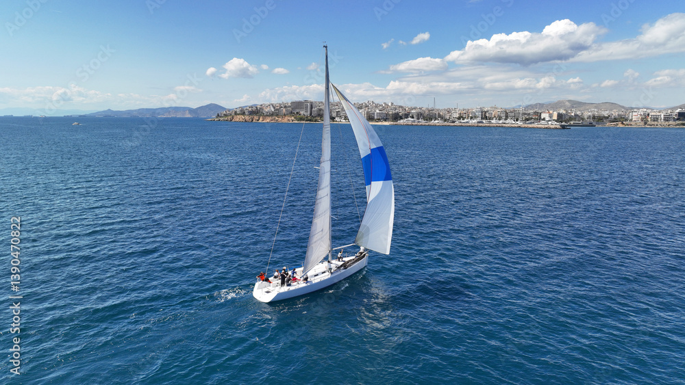 Aerial drone photo of beautiful sail boat with white sails cruising in deep blue sea near port of Piraeus, Attica, Greece