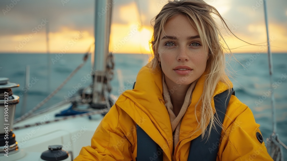 Obraz premium Young Woman in Yellow Jacket Sailing at Sunset on the Ocean