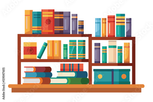 A vibrant bookshelf filled with an assortment of books in different sizes and colors, accompanied by decorative boxes, creating a warm and inviting atmosphere.