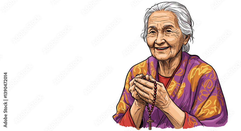 Obraz premium Smiling elderly woman holding a rosary with colorful shawl