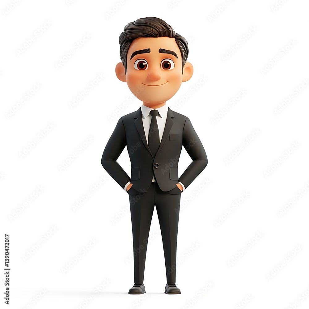 Business Cartoon Character in a Suit: A confident cartoon character wearing a professional suit is standing with hands on hips. Business Cartoon Character in a Suit: A confident cartoon character wearing a professional suit is standing with hands on hips.