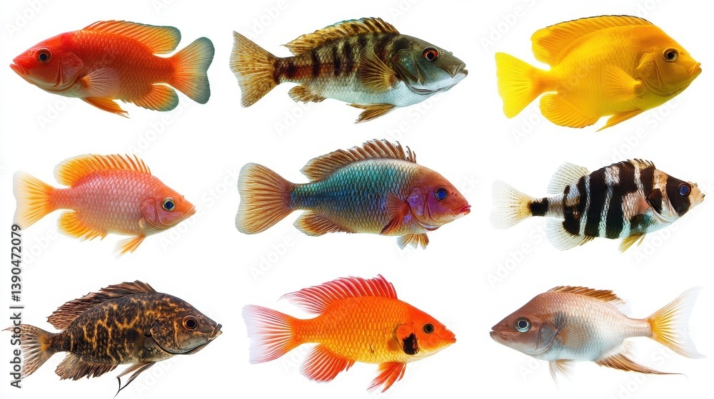 Naklejka premium Nine Various Colorful Tropical Fish Isolated on a White Background