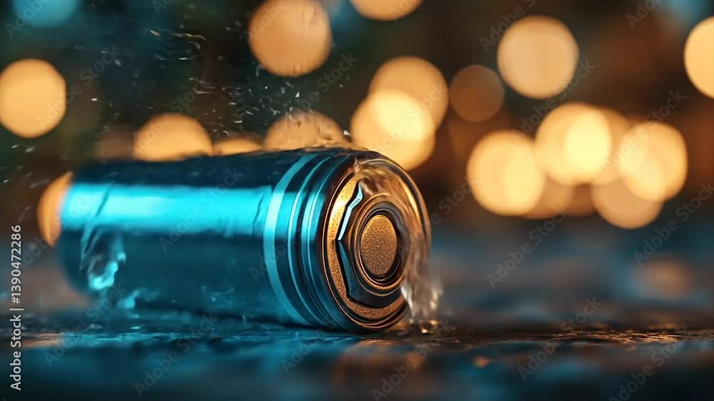 Sleek cylindrical battery rests on dark surface, illuminated by warm bokeh lights
