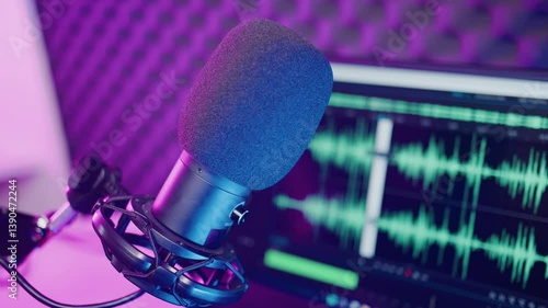 Work and editing in a program for recording voice on a computer screen against the background of a microphone and a soundproof panel. The professional work with sound recording software. No people