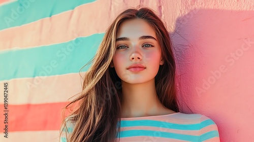 Teen girl leaning against pastel pink wall.