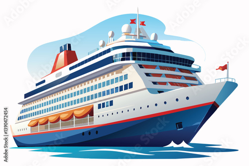 The cruise ship glides smoothly through the calm sea, showcasing its impressive structure and bright flags on a clear and sunny day, inviting adventure.