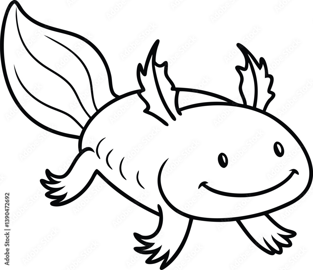 Adorable Cartoon Axolotl Drawing in Black and White Line Art Style Adorable Cartoon Axolotl Drawing in Black and White Line Art Style