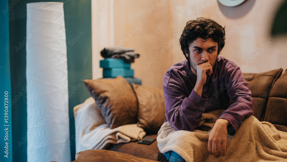A thoughtful young man in a purple sweater sits on a comfortable sofa wrapped in a blanket, conveying contemplation and introspection in a cozy home environment.