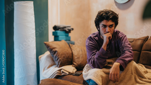 Obraz na płótnie A thoughtful young man in a purple sweater sits on a comfortable sofa wrapped in a blanket, conveying contemplation and introspection in a cozy home environment. w salonie