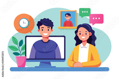A man and woman participate in a virtual conversation from their home office, enjoying a friendly interaction with colorful visuals in the background.