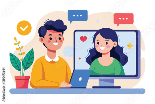 A young man in a yellow sweater smiles at his laptop while having a video call with a woman on the screen. A vibrant houseplant adorns his workspace.