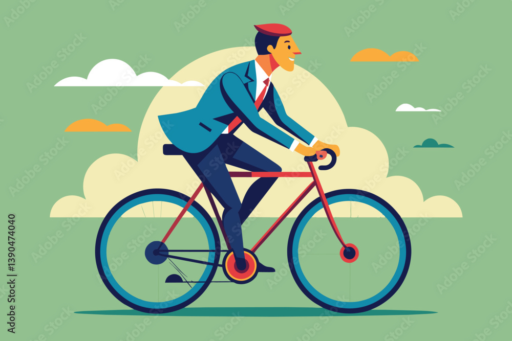 Naklejka premium A man elegantly dressed in a suit energetically pedals a bicycle in a colorful, cheerful setting complemented by clouds and a bright background.