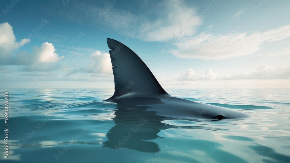 Fototapeta premium shark fin on surface of water against blue cloudy sky