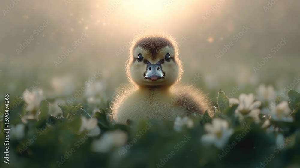 Adorable duckling amidst spring blossoms. A fluffy, young duckling gazes directly at the camera, nestled amongst a field of delicate white flowers. Soft, warm light bathes the scene Adorable duckling amidst spring blossoms. A fluffy, young duckling gazes directly at the camera, nestled amongst a field of delicate white flowers. Soft, warm light bathes the scene