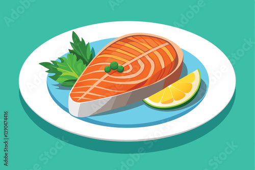 A delicious salmon steak sits elegantly on a blue plate, accompanied by fresh lemon wedges and green herbs, showcasing a healthy and appetizing dish.