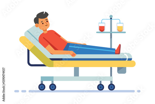 A young man is comfortably lying on a hospital bed with a relaxed expression, while an IV stand holds two bags of fluid beside him in a sunny medical facility.