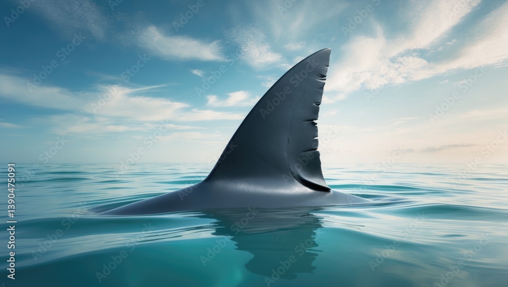 Fototapeta premium shark fin above the ocean's surface below a blue cloudy sky