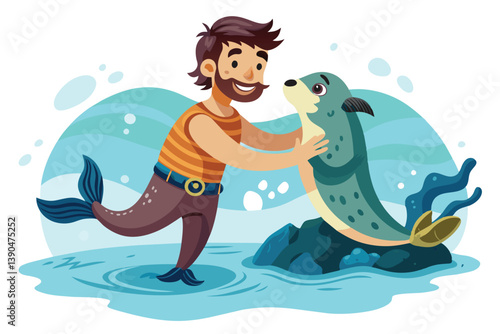 A joyful merman in an orange striped shirt happily interacts with a playful seal in a calm underwater landscape surrounded by bubbles and colorful rocks.