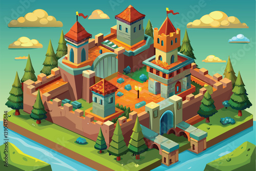The vibrant castle features towers and walls with trees nearby and a flowing river, creating a whimsical fairy-tale setting that sparks imagination.