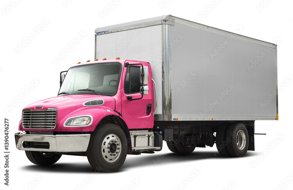 Modern american delivery truck with chrome elements with white van and pink cabin. Front side view isolated on white background.
Modern american delivery truck with chrome elements with white van and pink cabin. Front side view isolated on white background.
