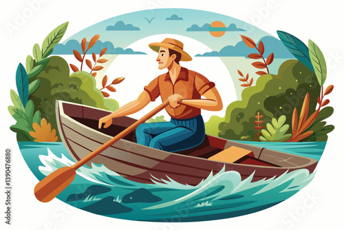 A man navigates a small wooden boat down a peaceful river, surrounded by vibrant plants and trees under a clear sky with the sun shining brightly.