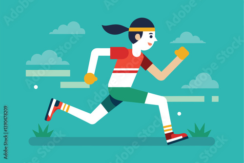 A young runner in colorful athletic gear sprints swiftly along a bright green path, enjoying a sunny day while promoting a healthy lifestyle and physical fitness.