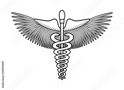 Caduceus Hermes Greek god mythology staff with two wings and two snakes winding symbol of medicine drawing in black and white vector