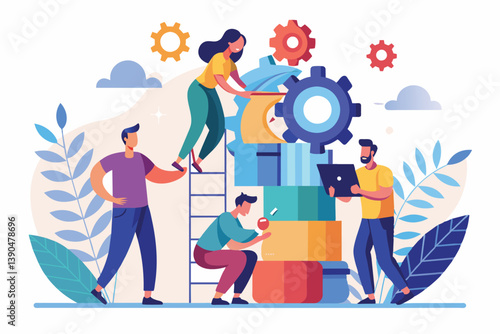 A diverse group of individuals collaborates enthusiastically, stacking colorful blocks and gears while using a ladder in a bright, modern workspace filled with greenery.