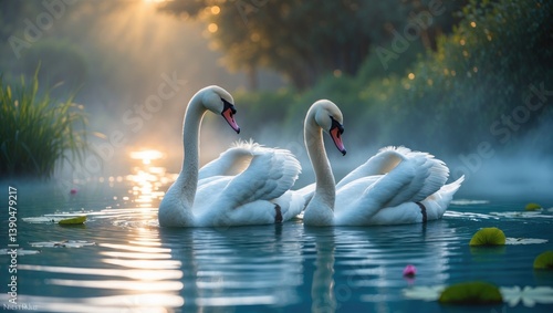 Fototapeta Naklejka Na Ścianę i Meble -  The pair of swans on turquoise water