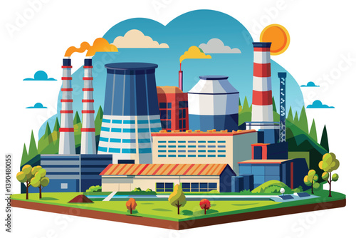 A vibrant industrial setting features cooling towers and smokestacks alongside a solar panel field, framed by lush trees and a bright sky that highlights the factory's activity.